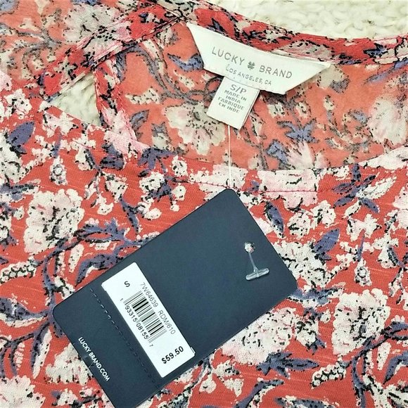 Top, Blouse. Terracotta, Ivory, Blue Floral Print. Lucky Brand. Size S/P. NWT - Picture 9 of 11